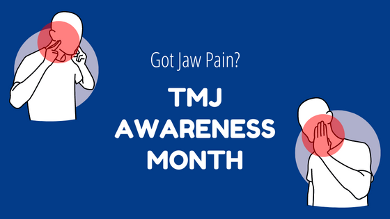 Two illustrations of person pressing on the side of their jaw